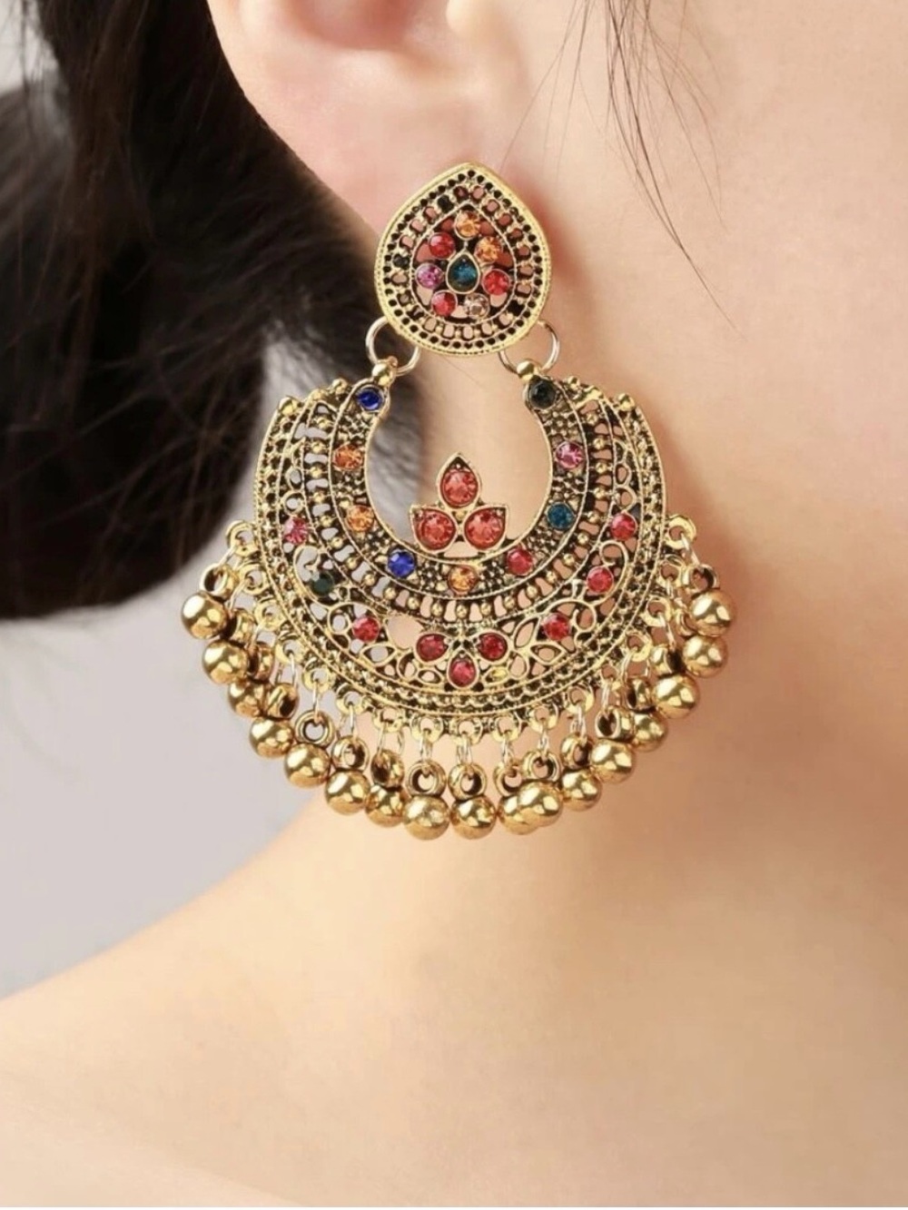 Indian Terrain Gold-tone Multicolor Stone Chandbali Earrings